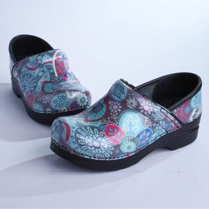 Dansko Clog Pink Blue Paisley Floral Leather Comfort Womens Sz 5.5 EU 36 Slip On